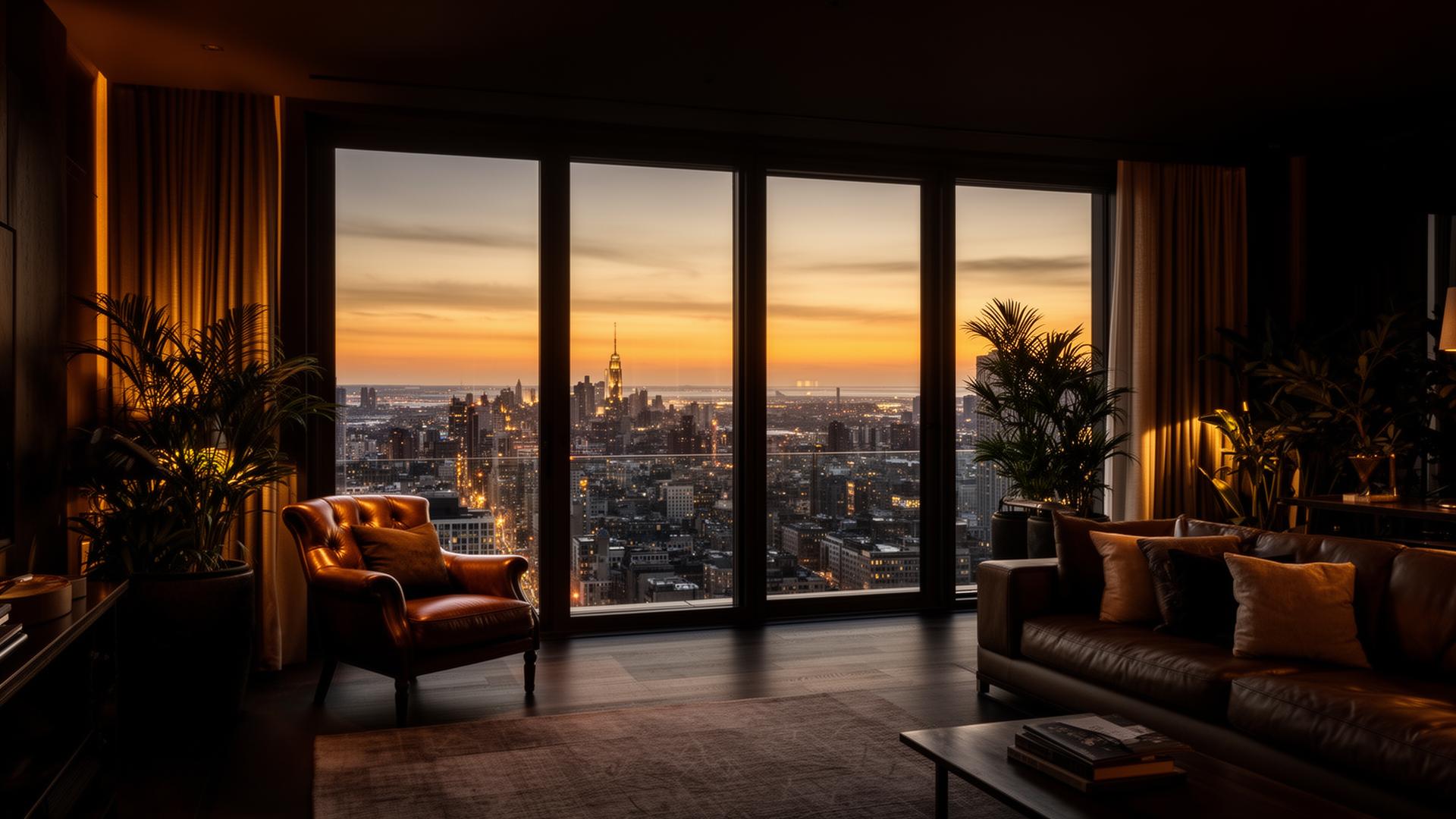 Luxurious penthouse interior overlooking a glowing city skyline at sunset