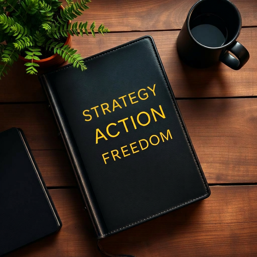Strategy journal on a desk with plant and coffee